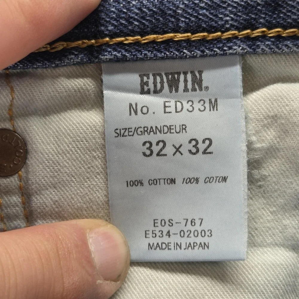 Edwin Jeans Mens 32x32 Blue ED33M Straight Whiskers Honeycomb Button Fly Japan